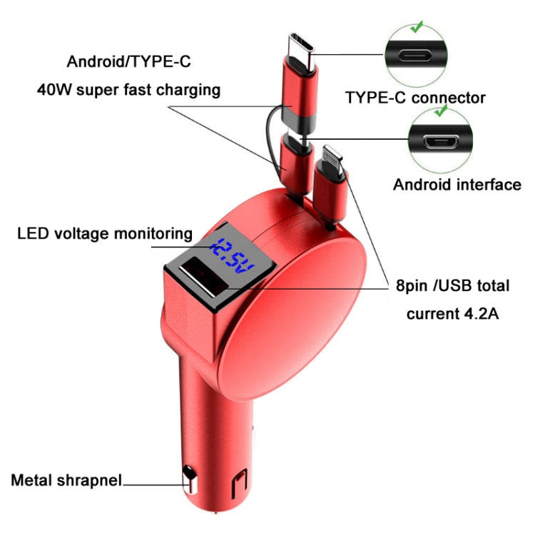 3 In 1 40W Fast Charging Dual Cable Retractable Car Charger(Black)
