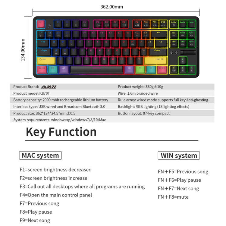Ajazz K870T 87-Key Hot Swap Bluetooth/Wired Dual Mode RGB Backlight Office Game Mechanical Keyboa...