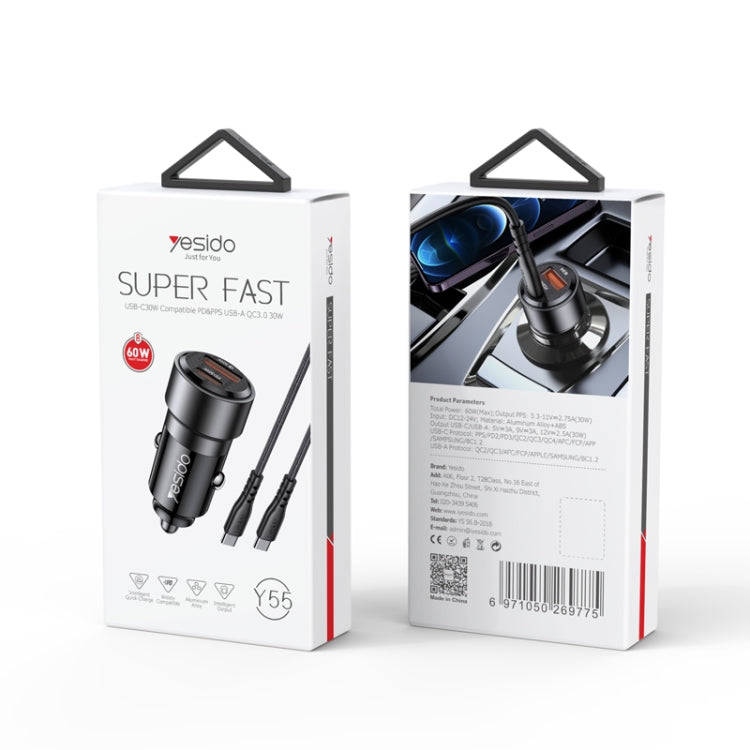 Yesido Y55 With Double Type-C/USB-C Port Line Car Charger QC3.0+PD30W Type-C/USB-C+USB Dual Port ...