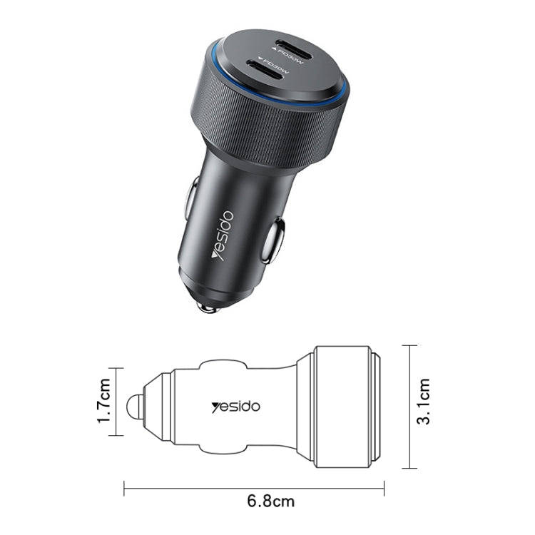 Yesido Y48  60W Car Fast Charger Aluminum Aluminum Double Type-C/USB-C Port Car Charger(Black)