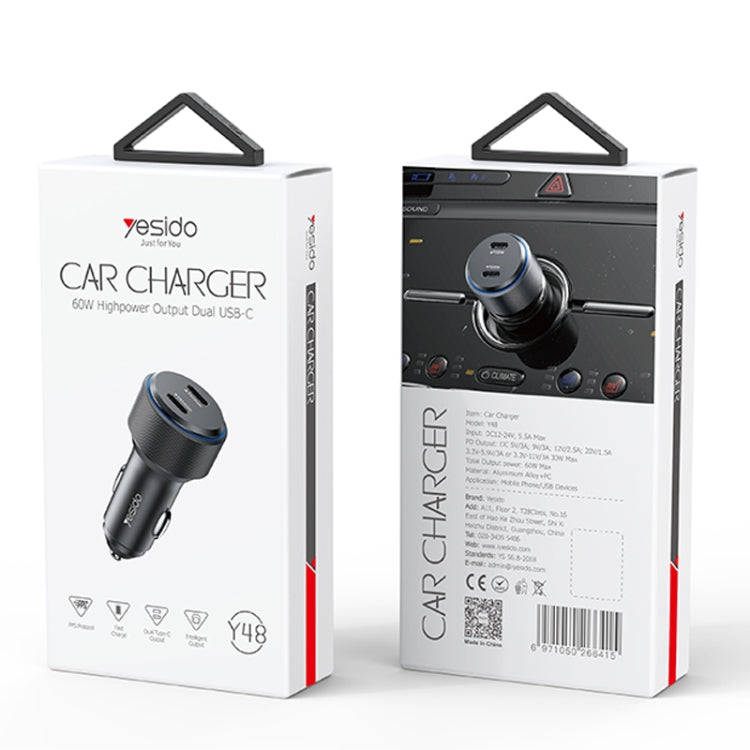Yesido Y48  60W Car Fast Charger Aluminum Aluminum Double Type-C/USB-C Port Car Charger(Black)