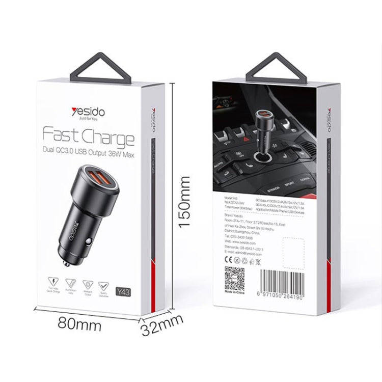 Yesido Y43 Dual USB Port Car Fast Charger Cigarette Lighter 36W Car Charger