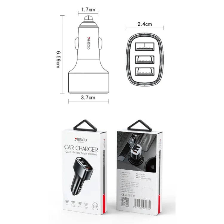 Yesido Y46 42W 3 USB Port Car Fast Charger(Black)