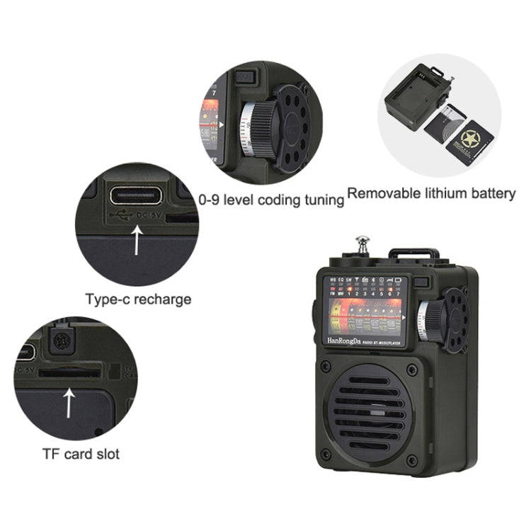 HanRongda HRD-700 Full Band Bluetooth MP3 Play Radio Station Memory Mechanical Tuning Radio(Green)