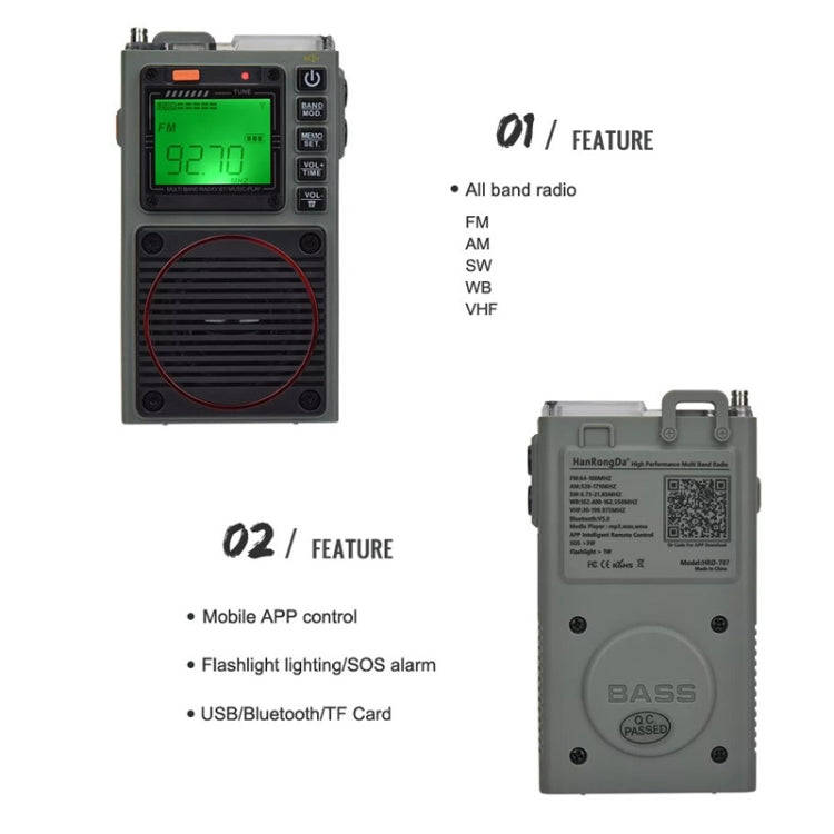 HanRongda HRD-787 High Performance Full Band Portable Bluetooth Card SOS Warning LED Lighting Rad...