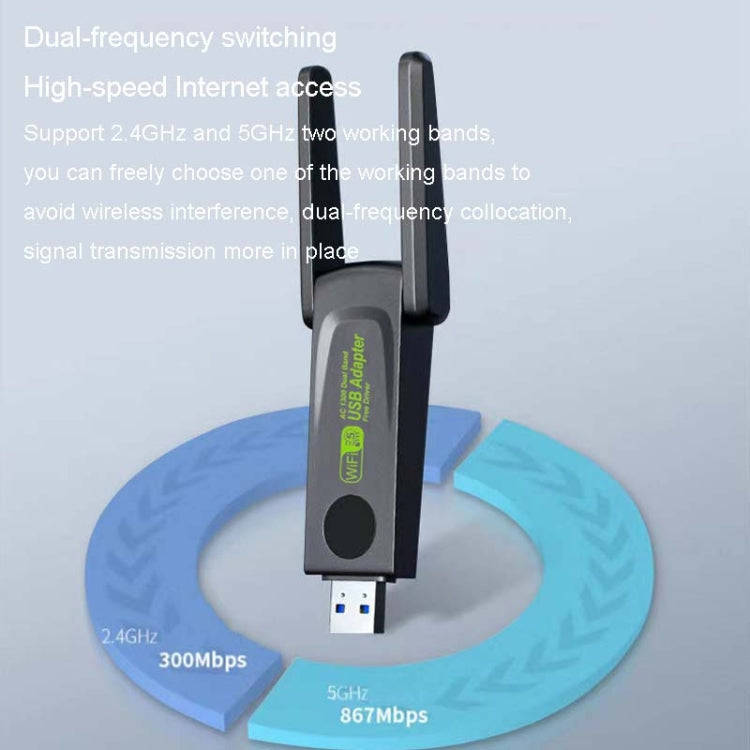 1300Mbps Wireless Network Card Gigabit Dual Band 5G Driverless Computer USB Network Card, Scope: ...