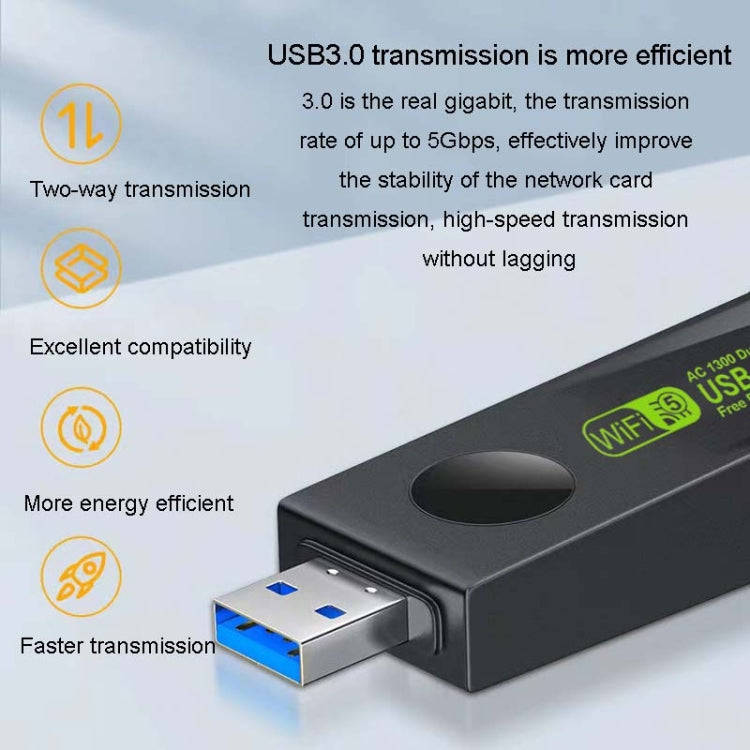 1300Mbps Wireless Network Card Gigabit Dual Band 5G Driverless Computer USB Network Card, Scope: ...