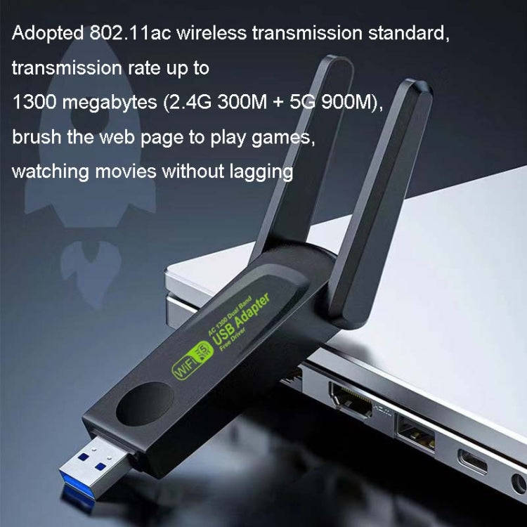 1300Mbps Wireless Network Card Gigabit Dual Band 5G Driverless Computer USB Network Card, Scope: ...