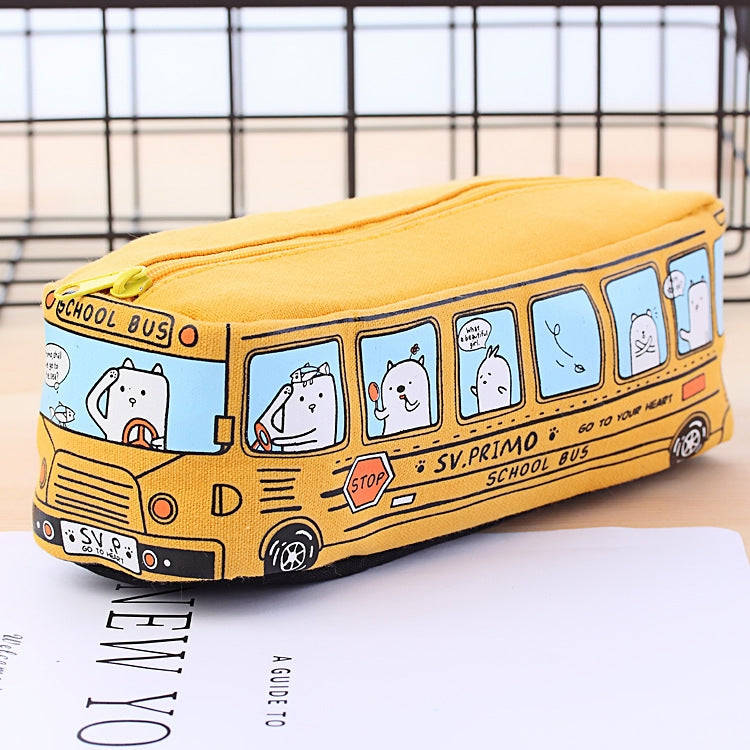 Cartoon Bus Student Stationery Pencil Case Large Capacity Canvas Stationery Box(Yellow)