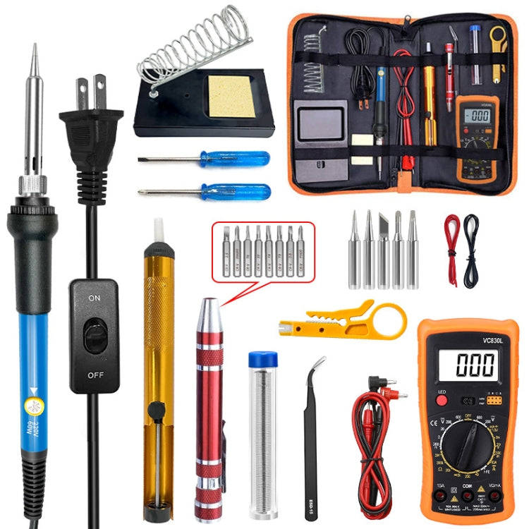 19-in-1 US Plug 60W Adjustable Temperature Soldering Iron Set with VC830L Digital Multimeter