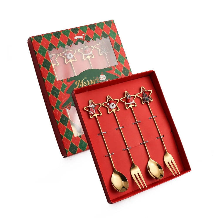 4pcs /Pack Christmas Stainless Steel Spoon And Fork Star Pendant Cutlery Gift Set, Specification:...