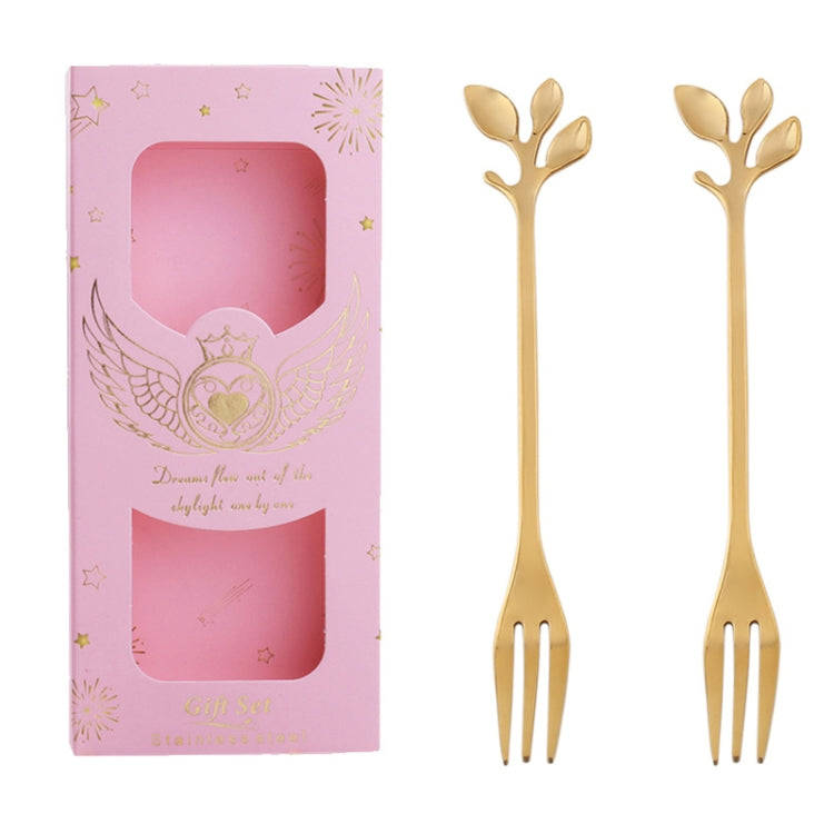 2pcs /Pack Stainless Steel Spoon And Fork Cutlery Set, Style: Leaf Fork Pink Box (Gold)