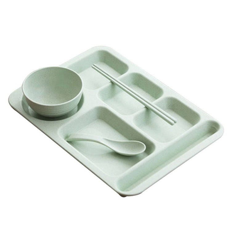 4pcs /Set Wheat Straw Split Dining Plate With Bowl Chopsticks Spoon Tableware Set(Green)
