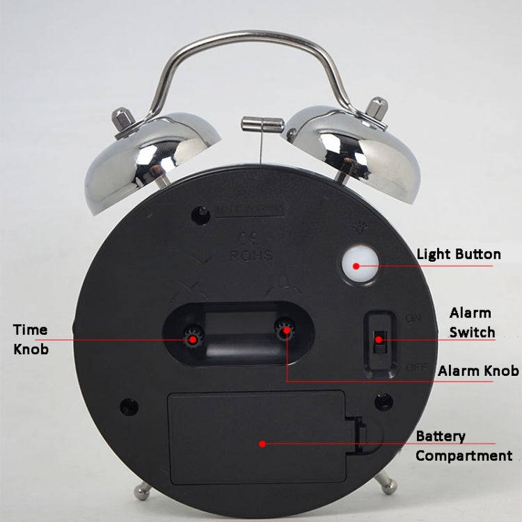 4.5 Inch Electroplated Metal Ring Bell Alarm Clock Quartz Clock With Night Light ?, Style: Lumino...