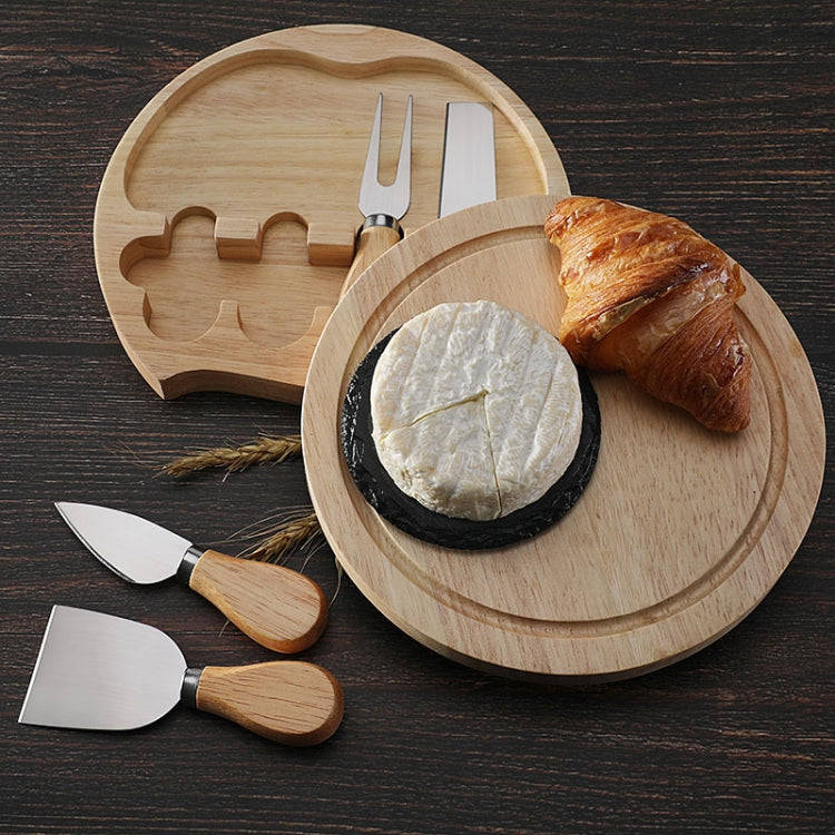 4pcs /Set Round Oak Box Cheese Knife Spatula Stainless Steel Cheese Tools Cutlery, Color: Black
