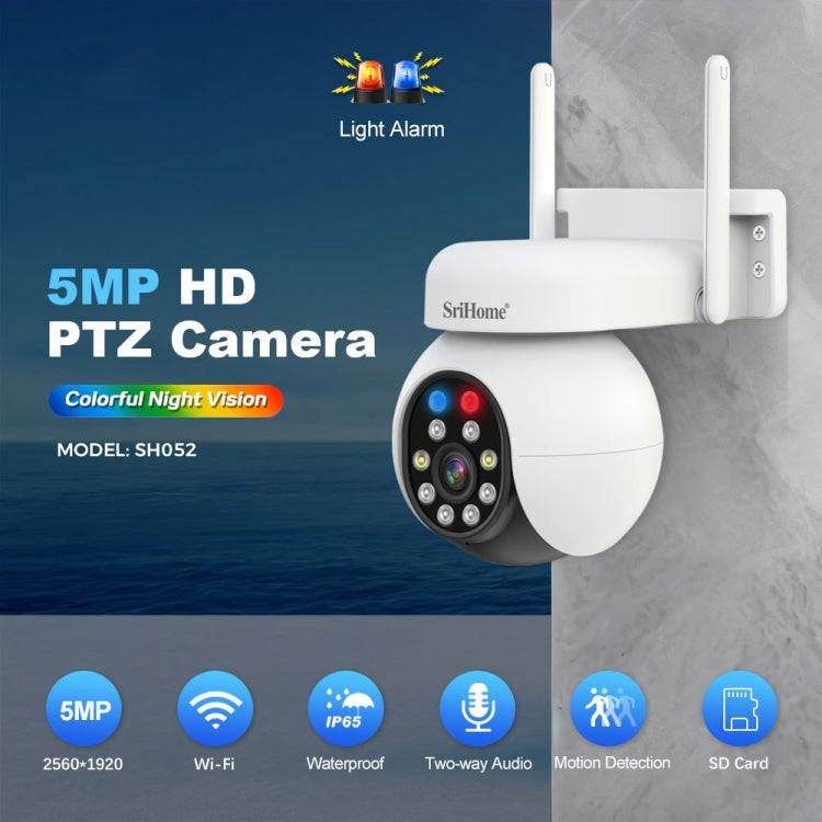 SriHome SH052 Wifi 5MP Wireless PTZ IP AI Auto Tracking Sound&Light Alarm Starlight Color Night V...