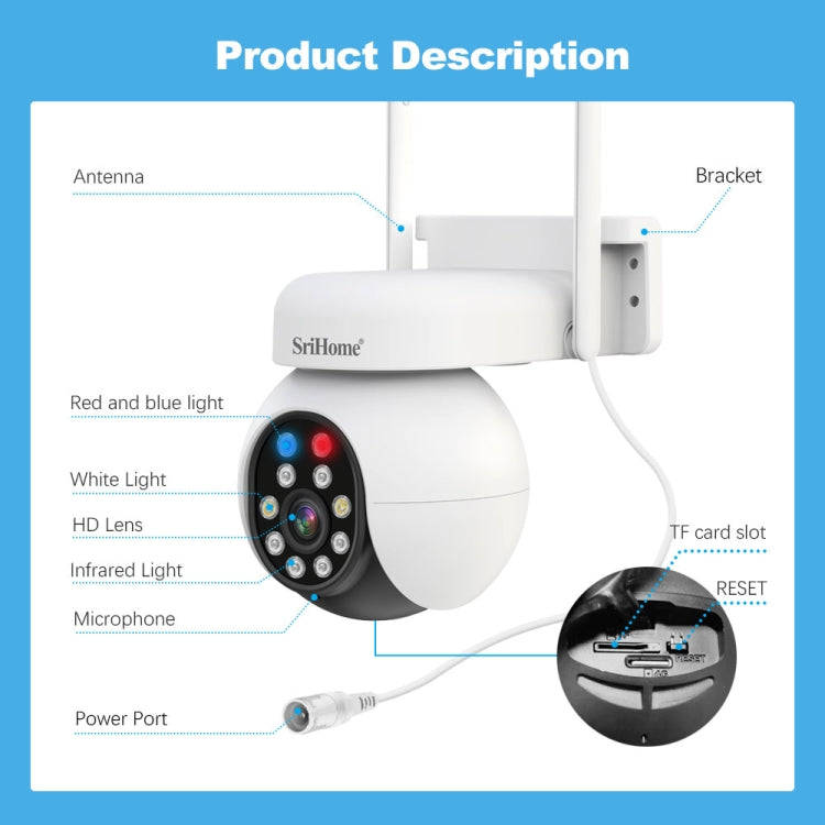 SriHome SH052 Wifi 5MP Wireless PTZ IP AI Auto Tracking Sound&Light Alarm Starlight Color Night V...