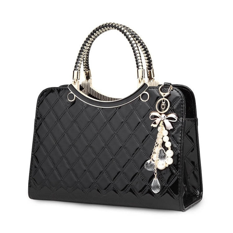 Large capacity PU Leather Diamond Pattern Ladies Handbag with Hanging Ornaments(Black)