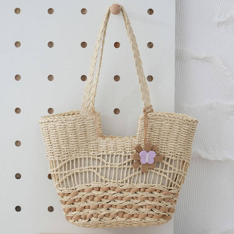 Knitting Straw Shoulder Bag Hollow Wave Large Capacity Tote Bag With Lining(Beige)