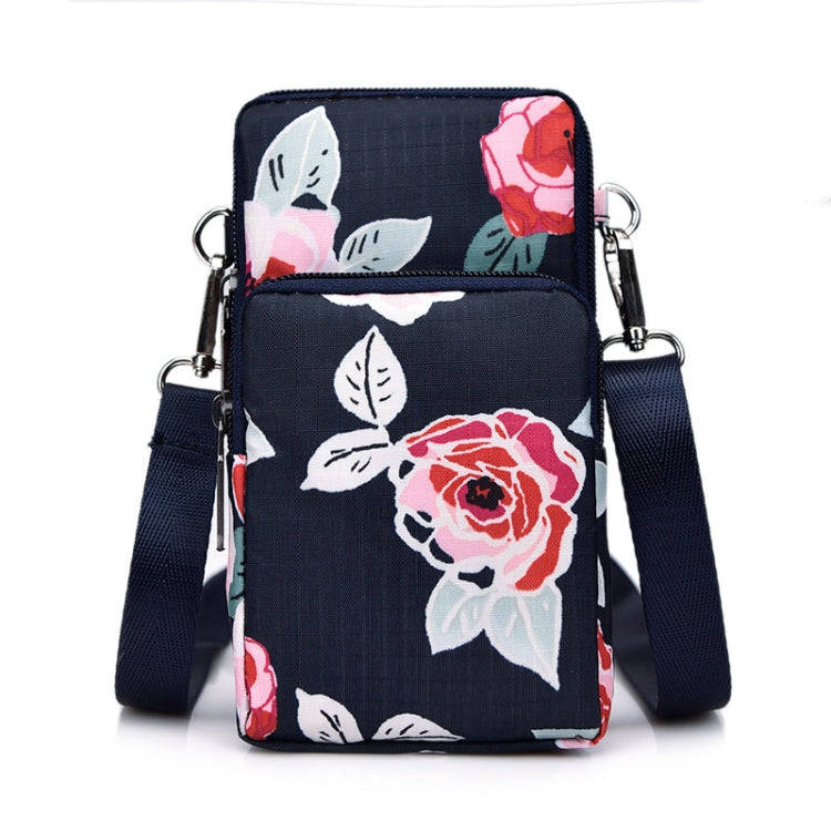 Printed Crossbody Mobile Phone Bag Mini Wallet With Arm Band, Style: Dark Blue Peony