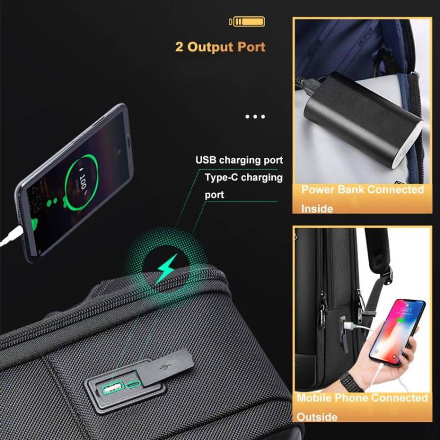 Bopai 61-51011 Large-Capacity Waterproof Business Laptop Backpack With USB+Type-C Port(Black)