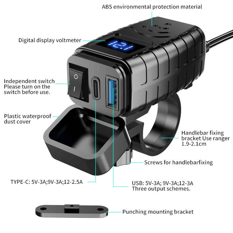PD3.0 Motorcycle USB Mobile Phone Charger Digital Voltage Meter with Switch(Green Screen)