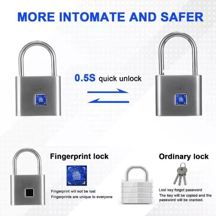 Smart Fingerprint Rechargeable Padlock Waterproof Morse Code Emergency Unlocking(Matte Silver)