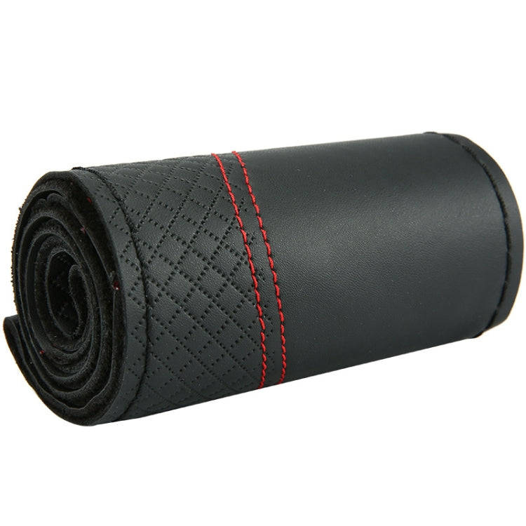 38cm Cowhide Embossed Hand-Stitched Double-Line Steering Wheel Cover(Black Red Line)