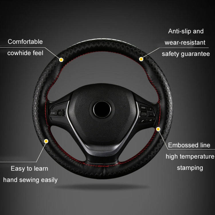 38cm Four-season Embossed Hand-sewn Cowhide Steering Wheel Cover(Wine Red)