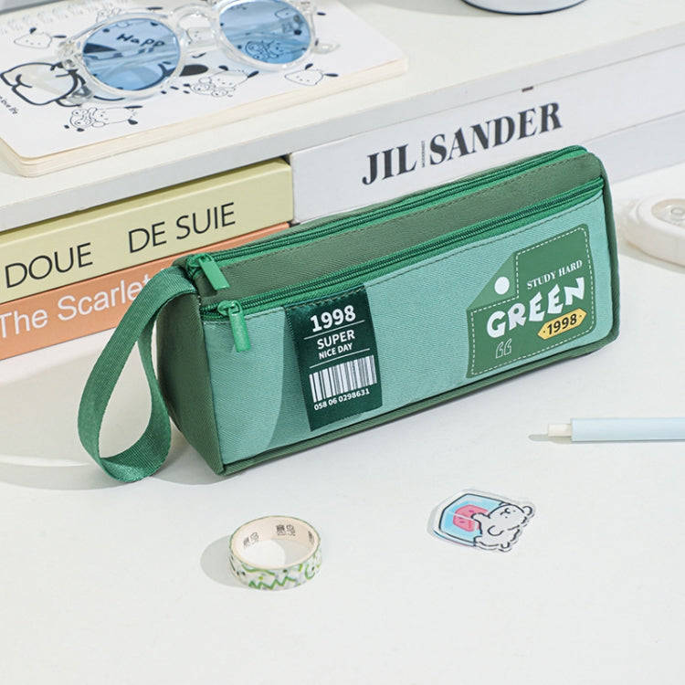 Retro Triangle Design Double-layer Handheld Pencil Case Student Stationery Bag(Green)
