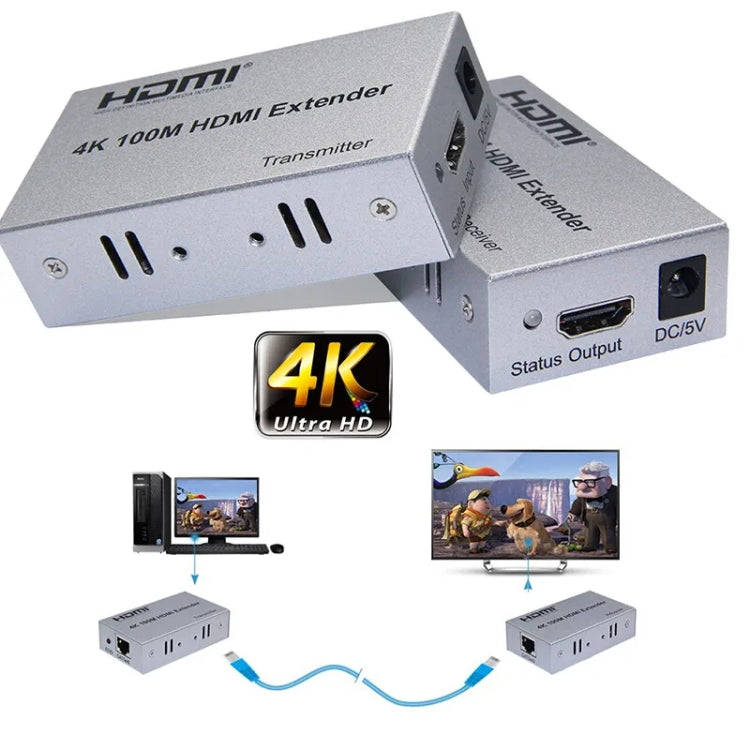 HDMI To RJ45 Single Ethernet Cable 100m Extender 4K HD Cable Signal Amplifier US Plug(Silver)