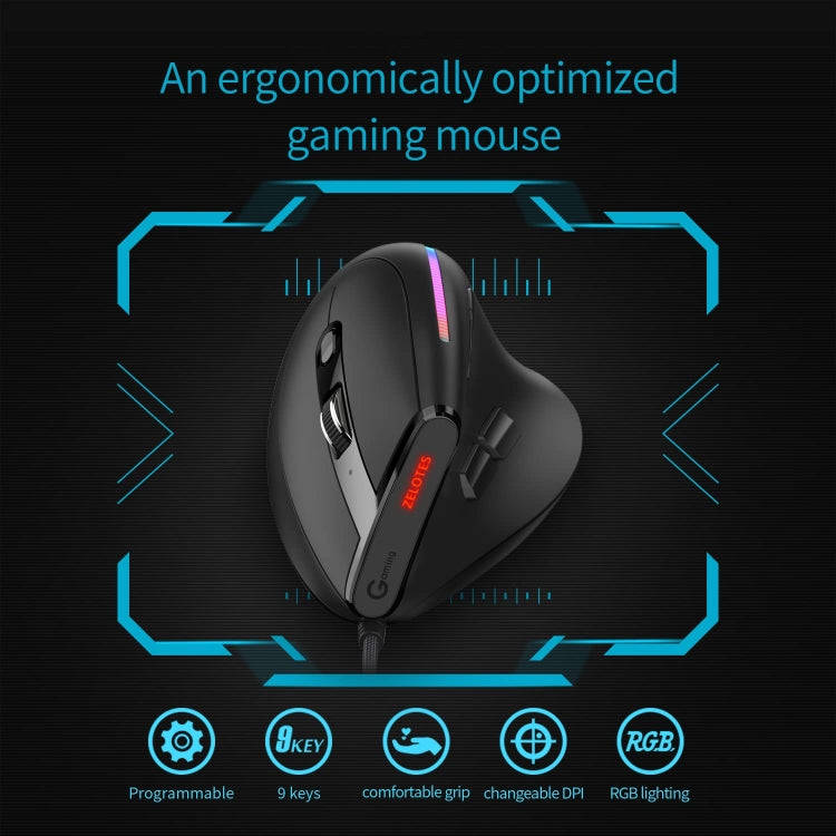 ZELOTES T50 9-Keys RGB Lighting Effect Vertical Grip Ergonomic Programming Wired Mouse(Black)
