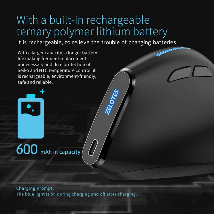 ZELOTES F36A 6-Buttons Vertical Grip Ergonomic Rechargeable Wireless Mouse(Black)