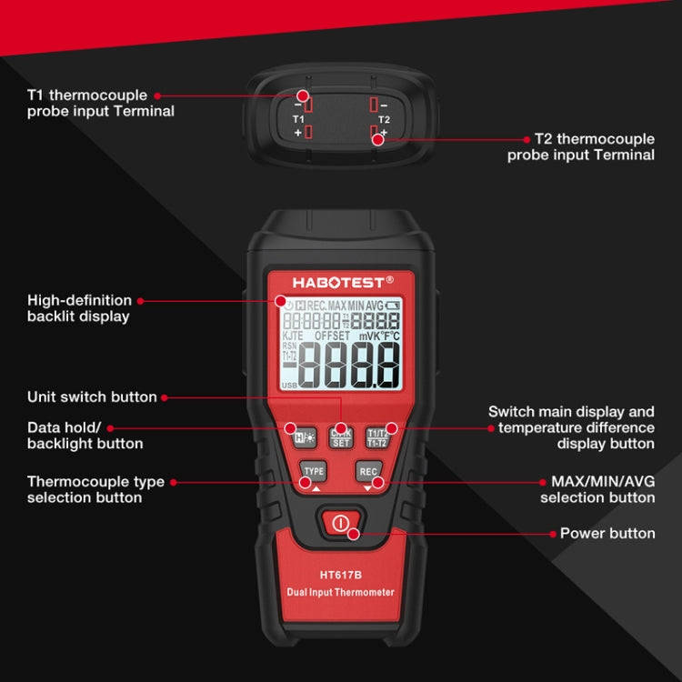 HABOTEST HT617B Digital Dual Channel Thermocouple Thermometer(Black Red)