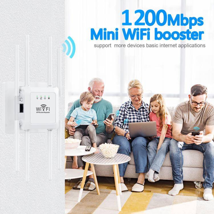 U18 1200Mbps 2.4G & 5G  Wireless Repeater WiFi Signal Amplifier With 8 Antenna US Plug Black