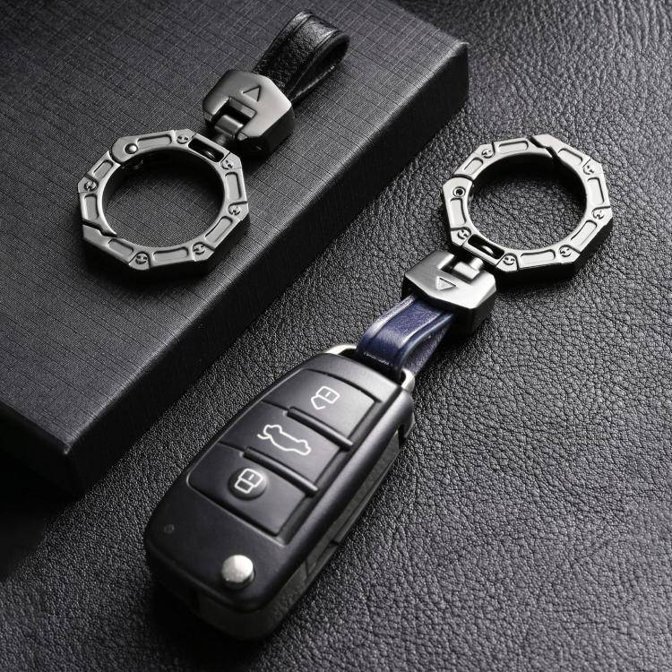 Hallmo Business Zinc Alloy Top-Layer Cowhide Key Chain Car Key Anti-Lost Pendant(Blue)
