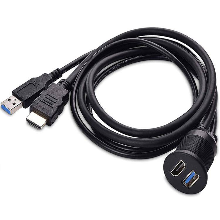 2m USB3.0+HDMI Car Waterproof Cable Motorcycle Boat Dashboard Extension Wire(Black)