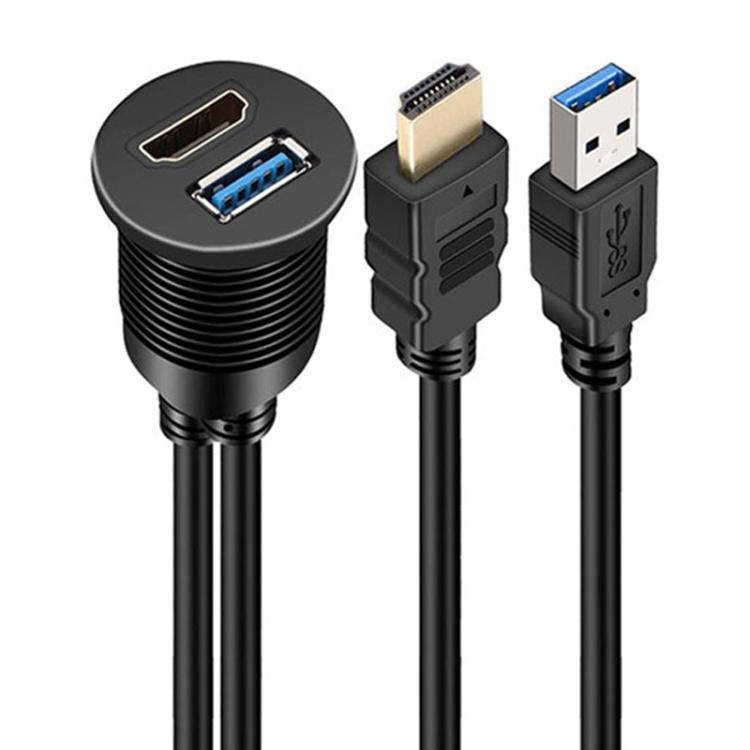 2m USB3.0+HDMI Car Waterproof Cable Motorcycle Boat Dashboard Extension Wire(Black)