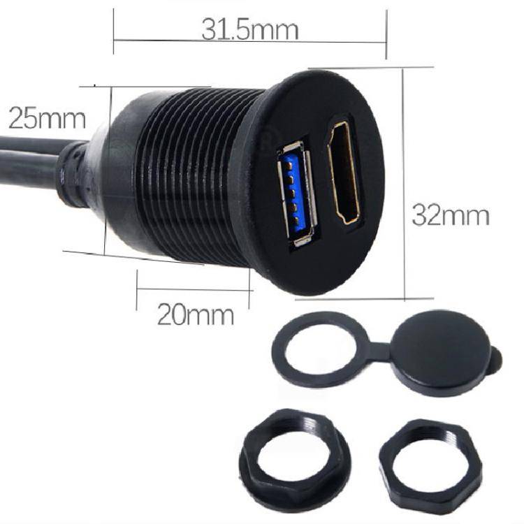 2m USB3.0+HDMI Car Waterproof Cable Motorcycle Boat Dashboard Extension Wire(Black)