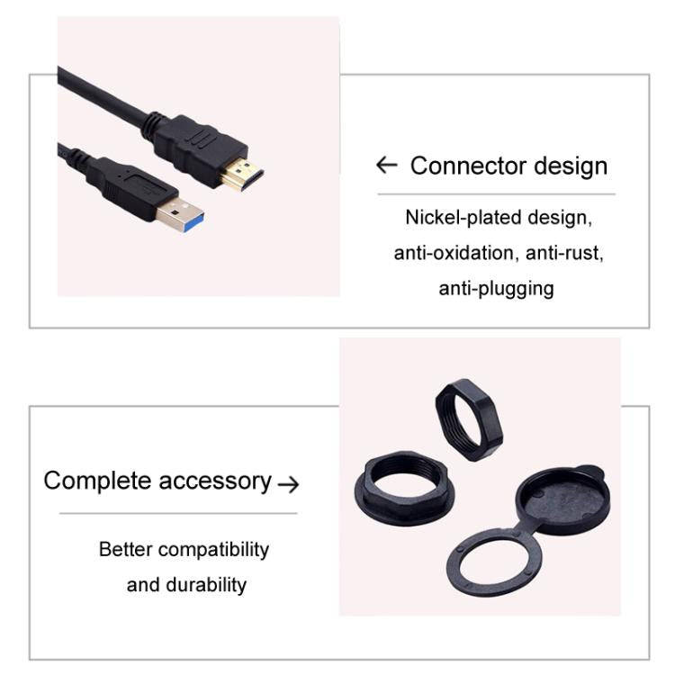 2m USB3.0+HDMI Car Waterproof Cable Motorcycle Boat Dashboard Extension Wire(Black)