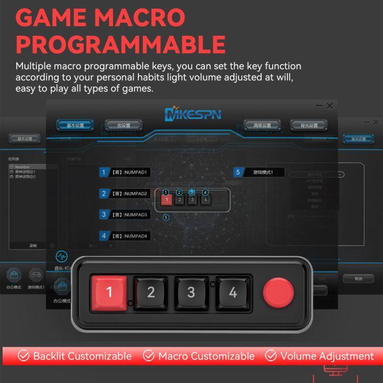 MKESPN 4-Key Macro Programmable Mechanical Gaming Keyboard With Dual USB-C Ports Hot-Swappable RG...