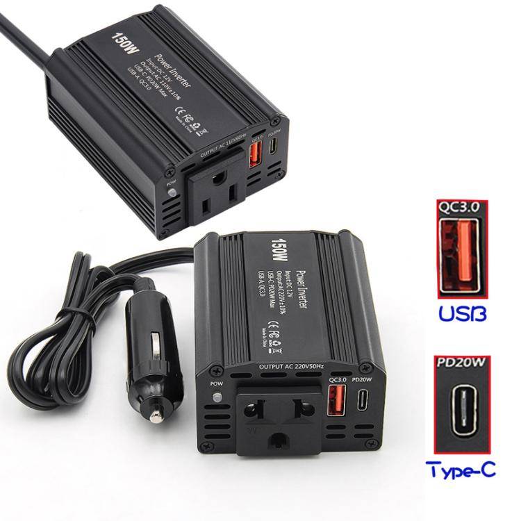 150W PD20W QC3.0 Fast Charging Car Inverter Car Cigarette Lighter Power Supply Adapter(US Plug)