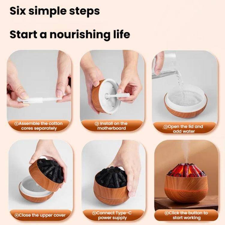 Simulated Charcoal Fire Ambient Night Light Humidifier USB Large Mist Flame Humidifier(Light Wood...