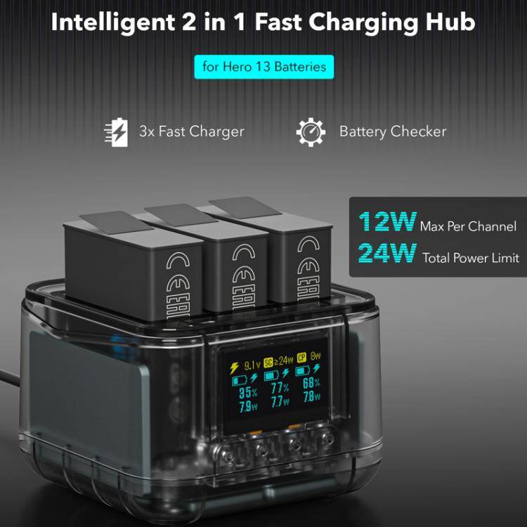 For GoPro HERO13 Black Super Fast Charger Dock Battery Charging Station With OLED Screen Display(...