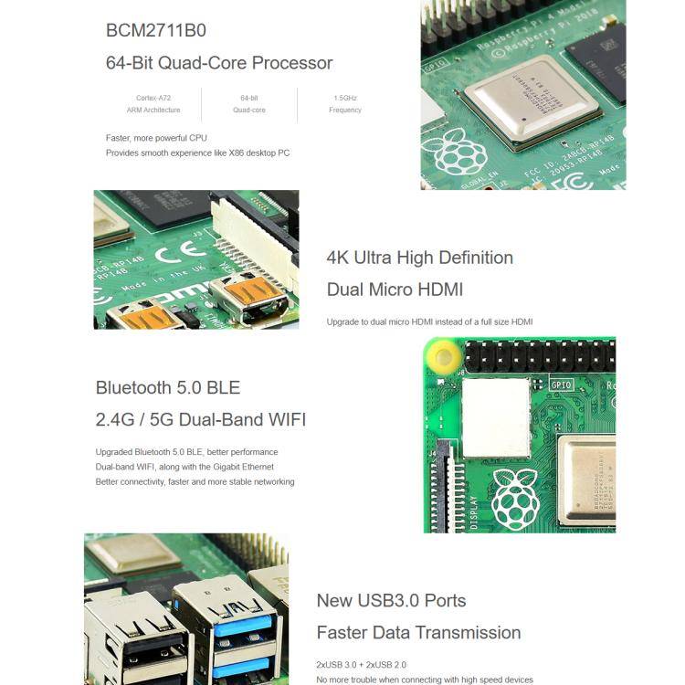 Waveshare For Raspberry Pi 4 Model 4GB BCM2711B0 64-Bit Quad-Core 4K Dual Mini HDMI For DIY, IoT,...