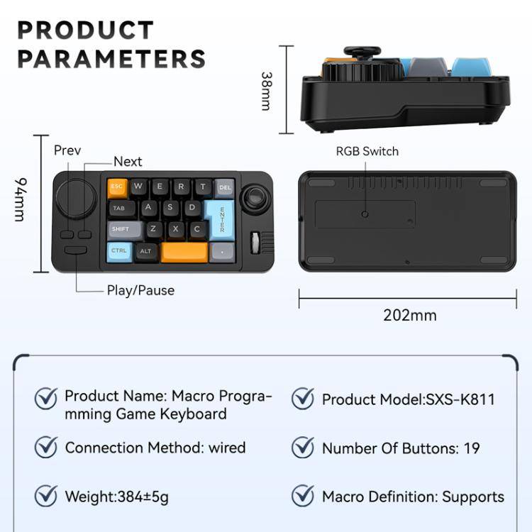 MKESPN  19-Key USB-C Wired Gaming Keyboard Macro Programmable Hot-Swappable Design with Control K...
