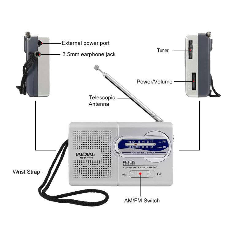 INDIN BC-R119 Portable AM/FM Radio for Seniors 530-1610KHz AM & 88-108MHz FM Lightweight Emergenc...