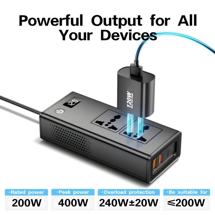 DC12V 200W Fast Charging QC3.0 PD Car Cigarette Lighter Portable Inverter(220V Universal)