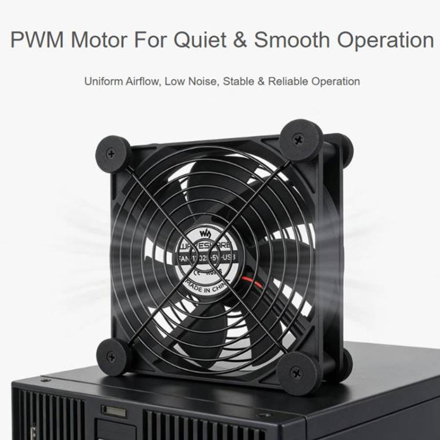 Waveshare 34398 USB 5V 120mm Quiet Cooling Fan, 3-Speed Adjustable, PWM Control, High Airflow, An...