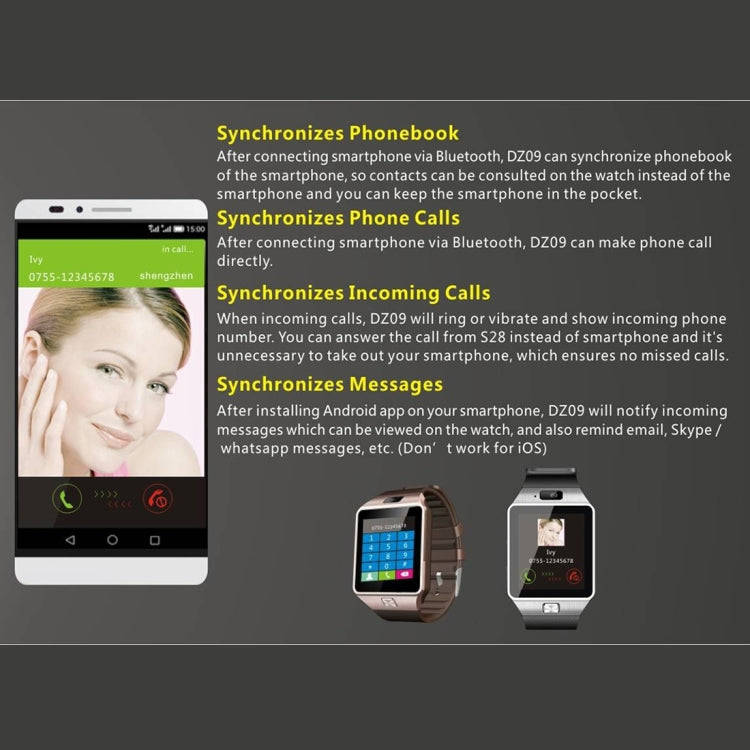 DZ09 1.56 inch Screen Bluetooth 3.0 Android 4.1 OS Above Smart Watch Phone with Bluetooth Call & ...